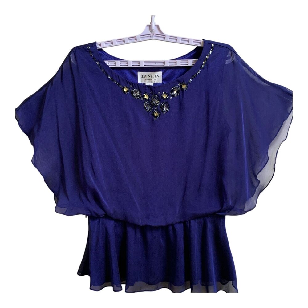 J.R. Nites By Carol Lin Blouse SZ 8 Cobalt Blue Flutter Sleeves Beaded Dressy